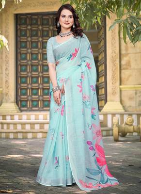 sky blue cotton blend saree with floral print 1