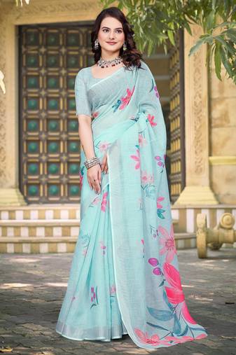 sky blue cotton blend saree with floral print