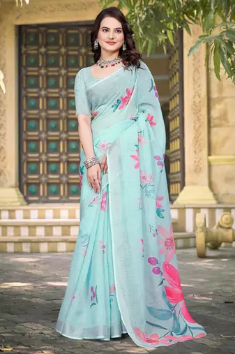 sky blue cotton blend saree with floral print