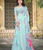 sky blue cotton blend saree with floral print