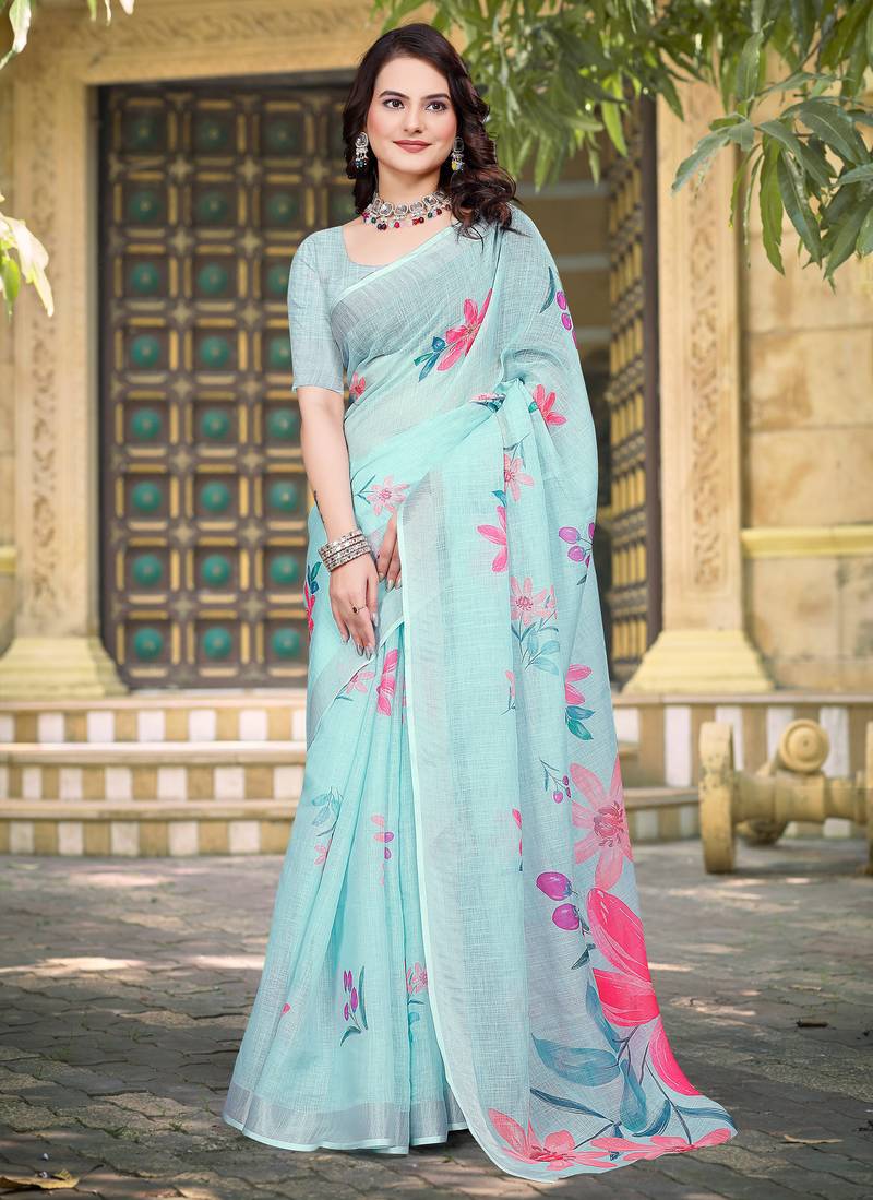sky blue cotton blend saree with floral print
