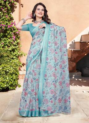 sky blue cotton blend saree with floral print 3