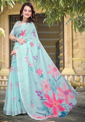 sky blue cotton blend saree with floral print 2