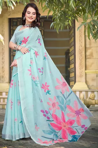 sky blue cotton blend saree with floral print