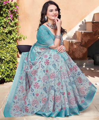 sky blue cotton blend saree with floral print 4