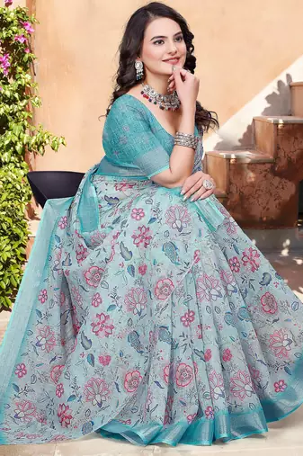 sky blue cotton blend saree with floral print