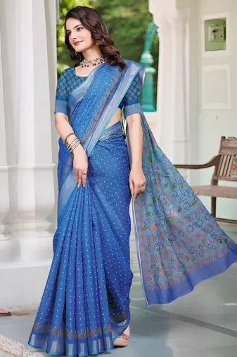 blue cotton blend saree floral print (sfcl122)