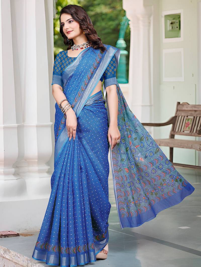 blue cotton blend saree floral print (sfcl122)