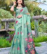 sea green cotton blend digital print saree