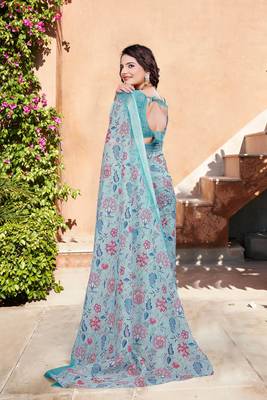 sky blue cotton blend saree with floral print 5