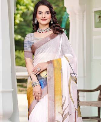cream cotton blend digital print saree 1