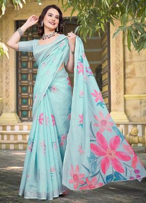sky blue cotton blend saree with floral print 3