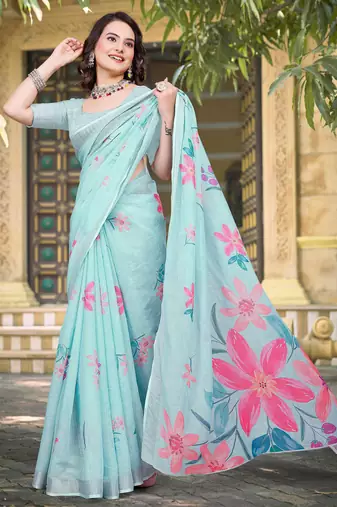 sky blue cotton blend saree with floral print