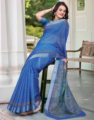blue cotton blend saree floral print (sfcl122) 4