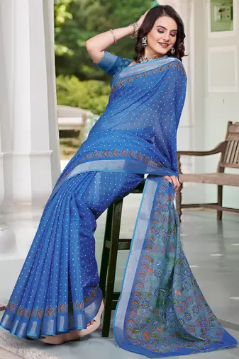 blue cotton blend saree floral print (sfcl122)