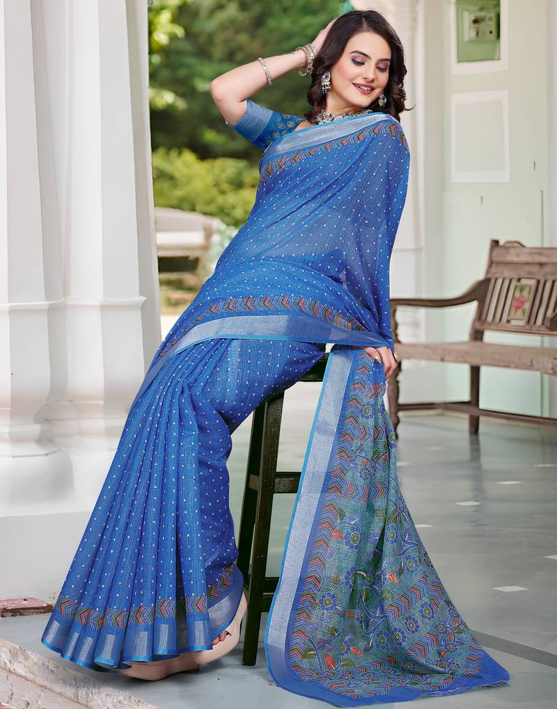 blue cotton blend saree floral print (sfcl122)