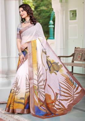 cream cotton blend digital print saree 2