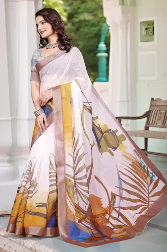 cream cotton blend digital print saree