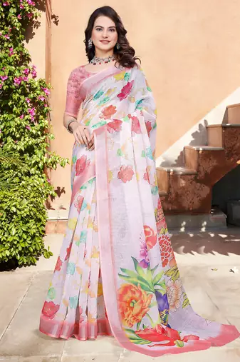 white cotton blend digital print saree