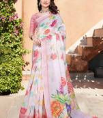 white cotton blend digital print saree