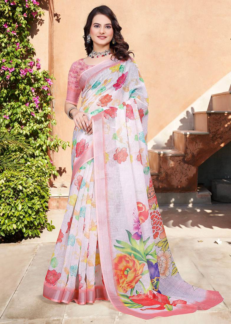 white cotton blend digital print saree
