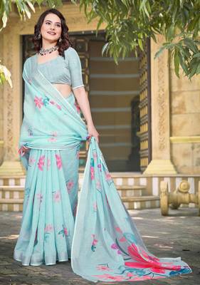 sky blue cotton blend saree with floral print 4