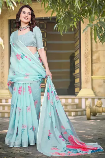 sky blue cotton blend saree with floral print