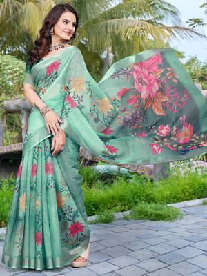 sea green cotton blend digital print saree 2