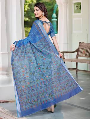 blue cotton blend saree floral print (sfcl122) 5