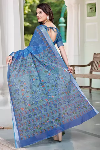 blue cotton blend saree floral print (sfcl122)