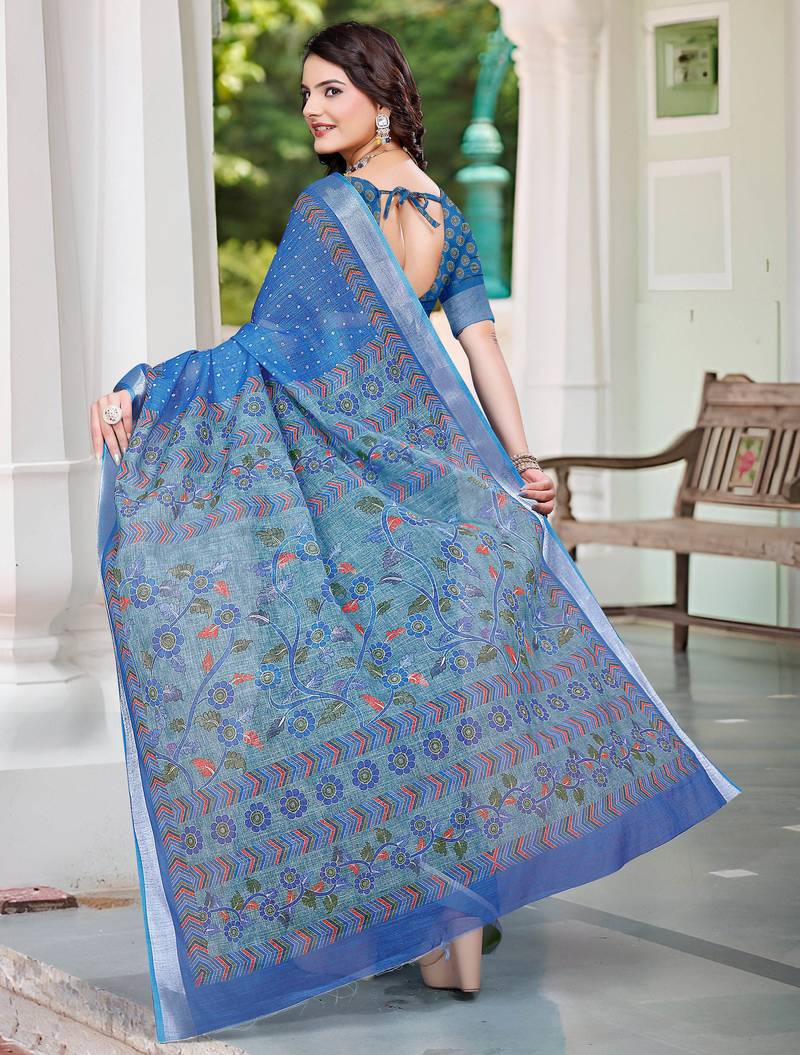 blue cotton blend saree floral print (sfcl122)