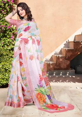 white cotton blend digital print saree 2