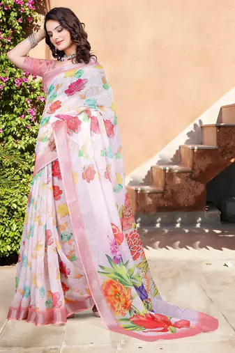 white cotton blend digital print saree