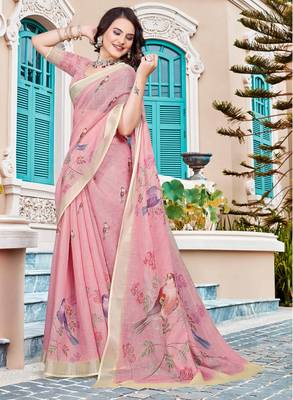 pink cream cotton blend saree with floral print 1