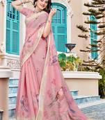 pink cream cotton blend saree with floral print