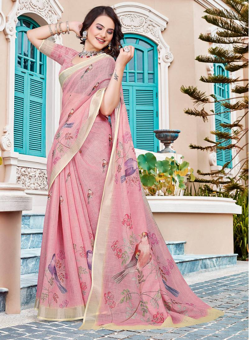 pink cream cotton blend saree with floral print