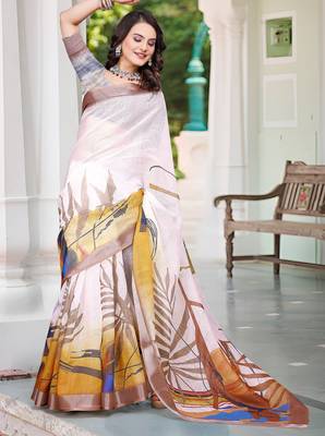 cream cotton blend digital print saree 3