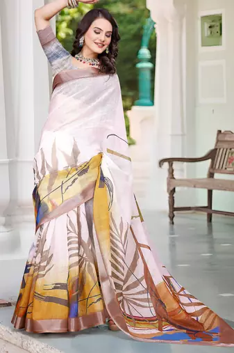 cream cotton blend digital print saree