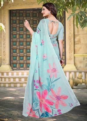 sky blue cotton blend saree with floral print 5