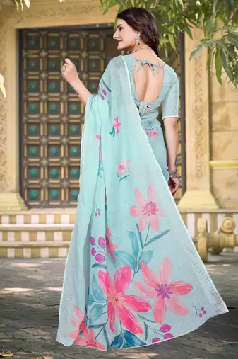 sky blue cotton blend saree with floral print