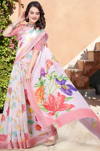 white cotton blend digital print saree