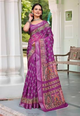 purple pink cotton blend digital print saree 1