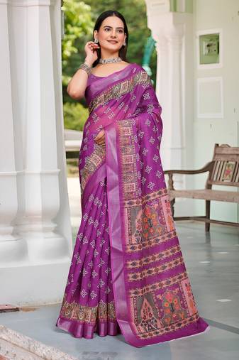 purple pink cotton blend digital print saree