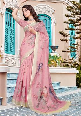 pink cream cotton blend saree with floral print 2