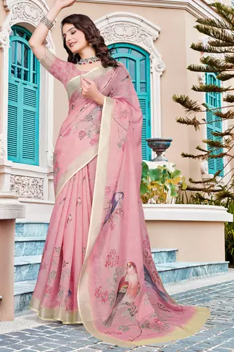 pink cream cotton blend saree with floral print