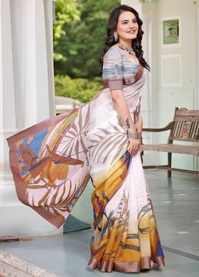 cream cotton blend digital print saree 4