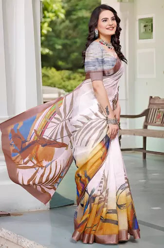 cream cotton blend digital print saree