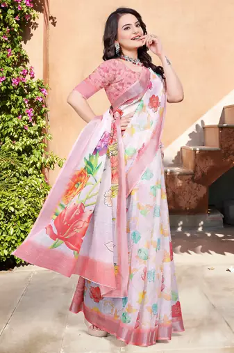 white cotton blend digital print saree