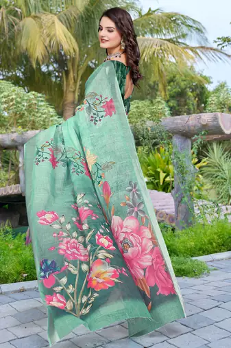 sea green cotton blend digital print saree