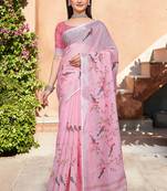 pink cotton blend saree floral border print